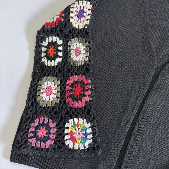 Black Open Front Cardigan Medium Crochet Colorful Granny Square Sleeve Boho - Picture 9 of 13